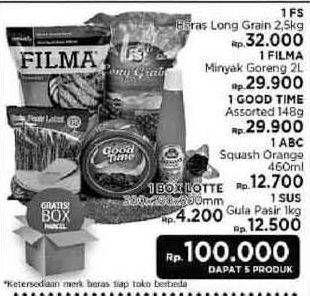 Promo Harga FS Beras Long Grain + ABC Syrup + SUS Gula Pasir + GOOD TIME Cookies + FILMA Minyak Goreng + Box Lotte  - LotteMart