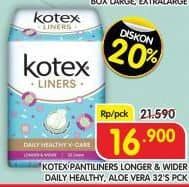 Kotex Liners Daily Healthy V-Care Longer & Wider 32 pcs Diskon 21%, Harga Promo Rp16.900, Harga Normal Rp21.590