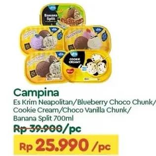 Promo Harga Campina Ice Cream Neapolitan, Blueberry Choco Chunk, Cookie Creamy, Chocolate Vanilla Choco Chunk 700 ml - TIP TOP