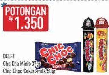 Promo Harga Delfi Cha Cha Minis 37gr, Chic Choc Cokelat milk 50gr  - Hypermart