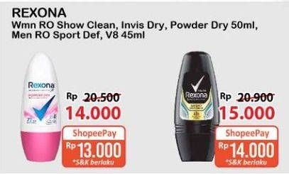 Promo Harga Rexona Deo Roll On Shower Clean, Invisible Dry, Powder Dry 50 ml - Alfamart