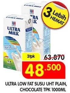 Promo Harga ULTRA MILK Susu UHT Low Fat Coklat, Low Fat Full Cream 1000 ml - Superindo