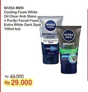 Promo Harga Nivea Men Facial Foam White Oil Clear Anti-Shine + Purify, Extra White Dark Spot 100 ml - Indomaret