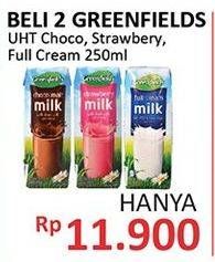 Promo Harga GREENFIELDS UHT Choco, Strawberry, Full Cream per 2 pcs 250 ml - Alfamidi