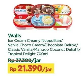 Promo Harga Walls Ice Cream Neopolitana, Chocolate Vanilla With Chocolate Chip, Chocolate Deluxe, Classic Vanilla, Mango Coco Delight, Tropical Delight 700 ml - TIP TOP