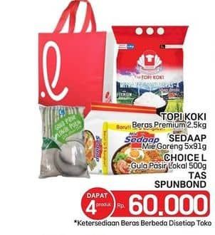 Promo Harga Topi Koki Beras + Sedaap Mie Goreng + Choice L Gula Pasir + Tas Spunbond  - LotteMart