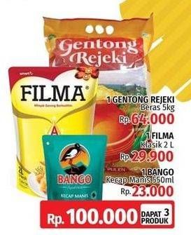Promo Harga GENTONG REJEKI Beras 5Kg + FILMA Minyak Goreng 2Ltr + BANGO Kecap Manis 550ml  - LotteMart