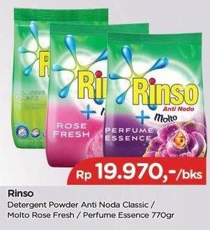 Promo Harga RINSO Anti Noda Deterjen Bubuk Classic Fresh, + Molto Purple Perfume Essence, + Molto Pink Rose Fresh 770 gr - TIP TOP