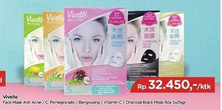 Promo Harga VIVELLE Face Mask Anti Acne, C. Pomegrande, Bengkuang, Vitamin C, Charcoal Black per 5 pcs 25 gr - TIP TOP