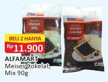 Promo Harga ALFAMART Meises Cokelat, Choco Meises Mix per 2 pouch 90 gr - Alfamart