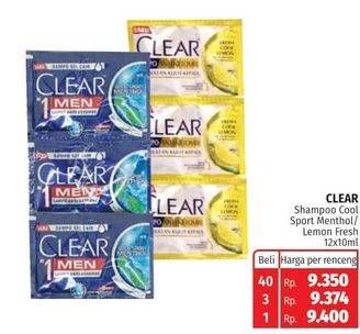Promo Harga CLEAR Shampoo Ice Cool Menthol, Lemon Fresh per 12 sachet 10 ml - Lotte Grosir