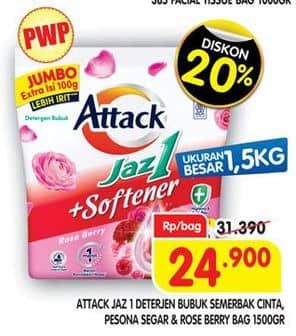 Promo Harga Attack Jaz1 Detergent Powder Semerbak Cinta, +Softener Rose Berry, Pesona Segar 1500 gr - Superindo
