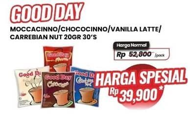 Promo Harga Good Day Instant Coffee 3 in 1 Mocacinno, Chococinno, Vanilla Latte, Carrebian Nut per 30 sachet 20 gr - Carrefour