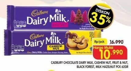 Promo Harga Cadbury Dairy Milk Cashew Nut, Fruit Nut, Black Forest, Hazelnut 62 gr - Superindo