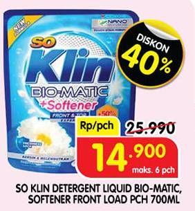 Promo Harga So Klin Biomatic Liquid Detergent +Softener Front Load, +Softener Front Top Load Flower Bloom 700 ml - Superindo