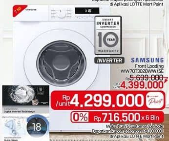 Promo Harga Samsung WW70T3020WW/SE Washing Machine with Quick Wash and Drum Clean  - LotteMart