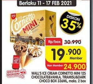 Promo Harga WALLS Cornetto Mini Chocolate Vanilla, Tiramisu Dark Chocolate per 12 pcs 28 ml - Superindo