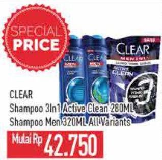 Promo Harga Clear Men Shampoo Active Clean, Anti Dandruff Complete Care, Anti Dandruff Cool Sport Menthol 320 ml - Hypermart