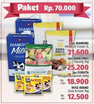 Promo Harga Paket 70rb (2 Diamond UHT + 2 Hana Emas Tepung + 3 Forvita Margarine +  Rose Brand Gula Kristal)  - LotteMart