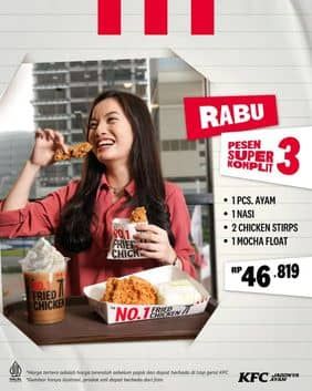 Promo KFC Super Komplit 3: Rp46.364*
1 ayam (Crispy/OR) + 1 Nasi + 1 porsi Chicken Strips + 1 Mocha Float