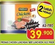 Promo Harga 2 Lebih Hemat PRONAS Chicken Luncheon, Beef Luncheon KLG 198gr  - Superindo