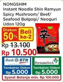 Promo Harga Nongshim Noodle Shin Ramyun Spicy Mushroom, Beef Bulgogi, Seafood Bulgogi, Neoguri Udon 105 gr - Indomaret