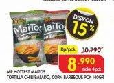 Promo Harga MR HOTTEST Maitos Tortilla Chips Chilli Balado, Corn BBQ 140 gr - Superindo