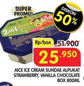 Promo Harga Aice Sundae Alpukat Strawberry, Vanilla Chocolate 800 ml - Superindo