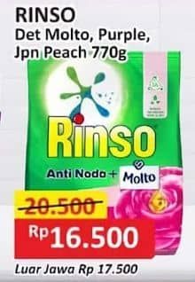 Promo Harga Rinso Anti Noda Deterjen Bubuk + Molto Classic Fresh, + Molto Purple Perfume Essence, + Molto Japanese Peach 770 gr - Alfamart