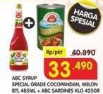 Promo Harga ABC Syrup Special Grande Cocopandan, Melon 485 mL + ABC Sardines 425 g  - Superindo