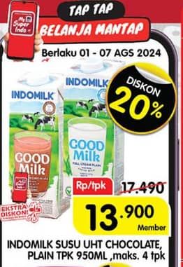 Promo Harga Indomilk Susu UHT Cokelat, Full Cream Plain 950 ml - Superindo