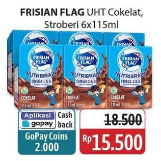 Promo Harga Frisian Flag Susu Cair UHT Nutribrain Strawberry, Cokelat per 6 tpk 115 ml - Alfamidi