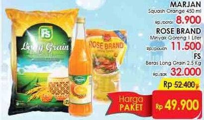 Promo Harga Paket Marjan Squash +  Rose Brand Minyak Goreng + FS Beras Long Grain  - LotteMart