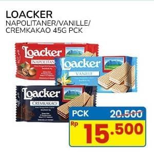 Promo Harga Loacker Wafer Napolitaner, Vanilla, Cream Cacao 45 gr - Indomaret