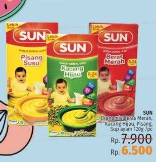 Promo Harga SUN Bubur Bayi Beras Merah, Kacang Hijau, Pisang, Sup Ayam 120 gr - LotteMart