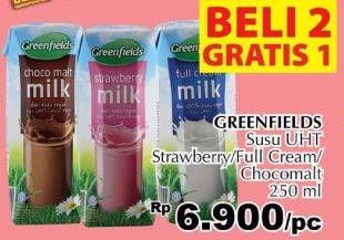 Promo Harga GREENFIELDS UHT Strawberry, Full Cream, Choco Malt 250 ml - Giant