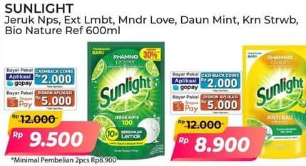 Promo Harga Sunlight Pencuci Piring Extra Lembut, Jeruk Nipis 100, Mandarin Orange, Anti Bau With Daun Mint, Korean Strawberry, Biocare Nature 600 ml - Alfamart