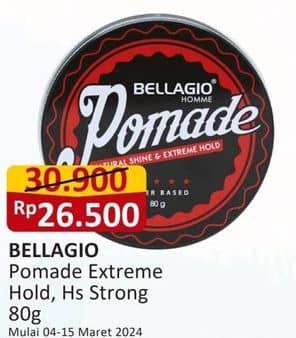 Promo Harga Bellagio Homme Pomade Natural Shine Extreme Hold Black, High Shine Strong Hold Red 80 gr - Alfamart