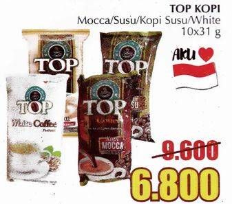 Promo Harga Top Coffee Kopi Mocca, Susu, Kopi Susu, White per 10 sachet 31 gr - Giant