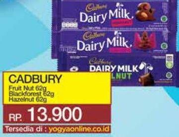 Promo Harga Cadbury Dairy Milk Fruit Nut, Black Forest, Hazelnut 62 gr - Yogya