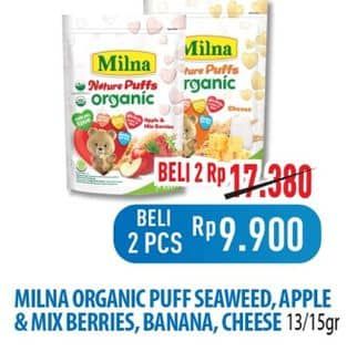 Promo Harga Milna Nature Puffs Organic Cheese, Banana, Apple Mix Berries, Seaweed 15 gr - Hypermart