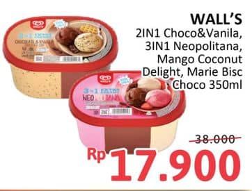 Promo Harga Walls Ice Cream Chocolate Vanilla With Chocolate Chip, Neopolitana, Mango Coco Delight, Marie Chocolate 350 ml - Alfamidi