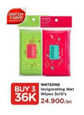 Promo Harga WATSONS Invigorating Wet Wipes All Variants per 3 pck 10 pcs - Watsons