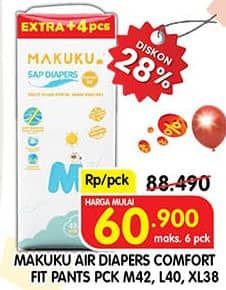 Promo Harga Makuku Comfort Fit Diapers Pants M42+4, L40+4, XL38+4 42 pcs - Superindo