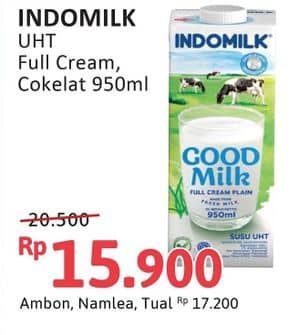 Promo Harga Indomilk Susu UHT Full Cream Plain, Cokelat 950 ml - Alfamidi