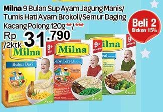 Promo Harga MILNA Bubur Bayi 8+ Tumis Hati Ayam Brokoli, Semur Daging Kacang Polong, Sup Ayam Jagung Manis per 2 box 120 gr - Carrefour
