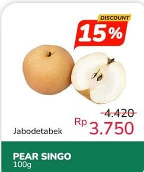 Pear Singo per 100 gr Diskon 15%, Harga Promo Rp3.750, Harga Normal Rp4.420, Indomaret Fresh