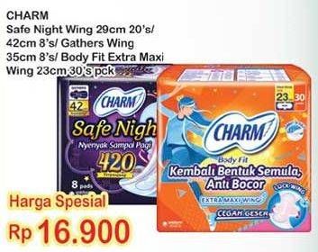 Promo Harga CHARM Safe Night Wing 29cm/ 42cm/ Gathers Wing 35cm/ Body Fit Extra Maxxi Wing 23cm  - Indomaret