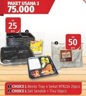 Promo Harga Paket Usaha 3: CHOICE L Bentro Try 4 Sekat + Set Sendok Tisu 50pcs  - Lotte Grosir