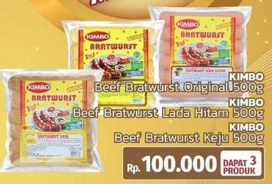 Promo Harga KIMBO Beef Bratwurst Original 500g, Beef Bratwurst Lada Hitam 500g, Beef Bratwurst Keju 500g  - LotteMart